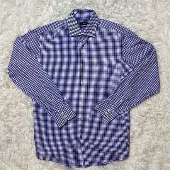 Hugo Boss Blue Checkered Mens Dress Shirt Size 16 / 41 Formal Button Down - Picture 2 of 9